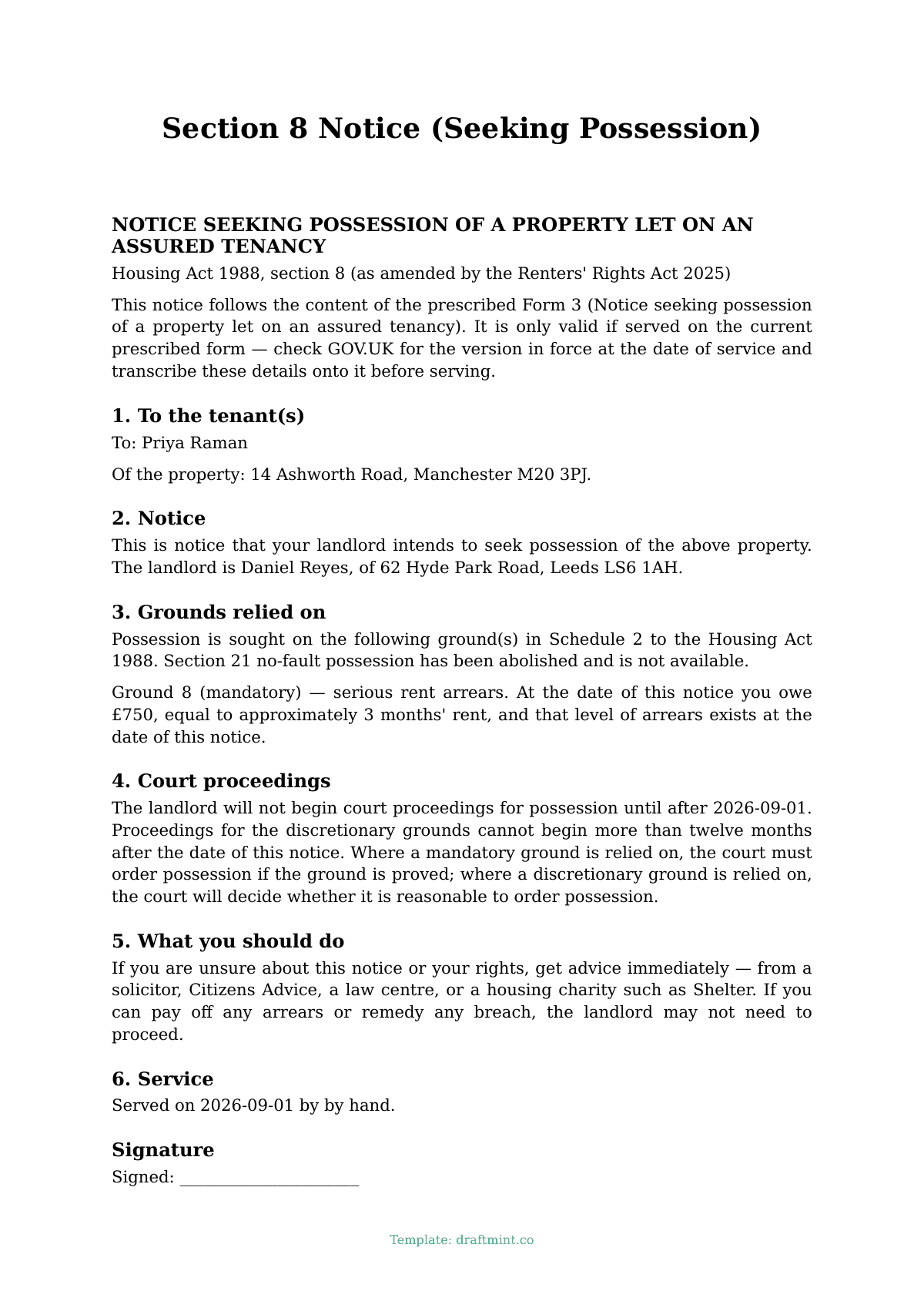 Section 8 Notice (Seeking Possession) — filled-in template, sample PDF