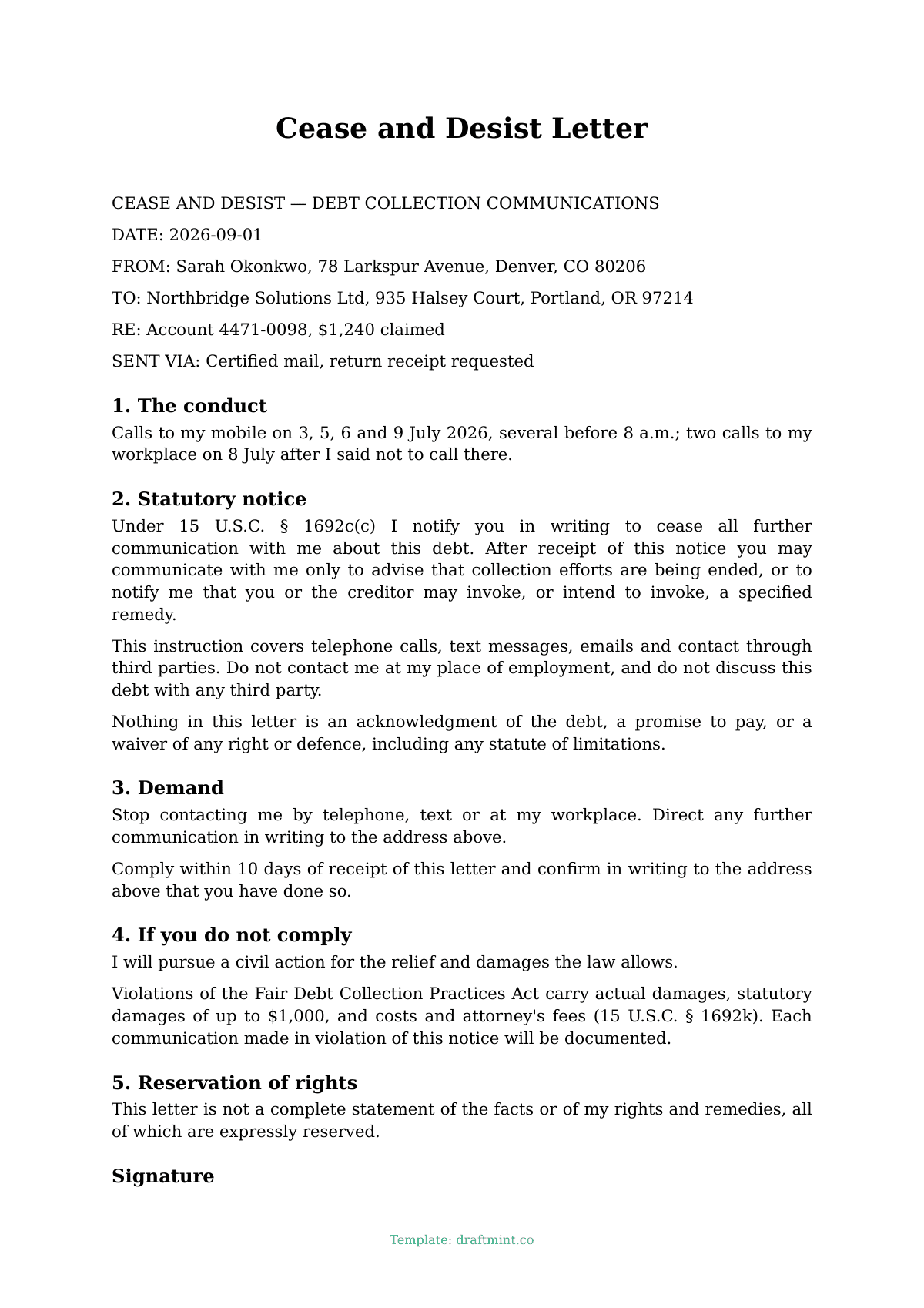 Cease and Desist Letter — filled-in template, sample PDF