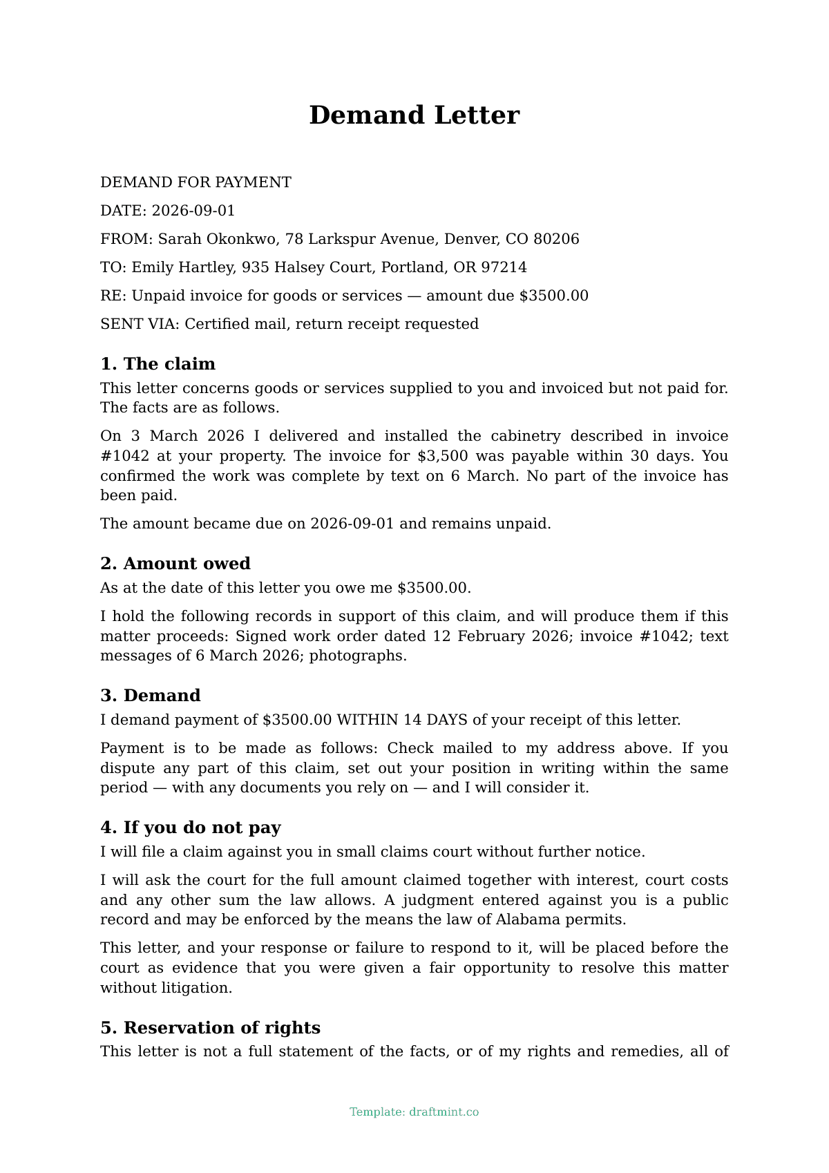 Demand Letter — filled-in template, sample PDF