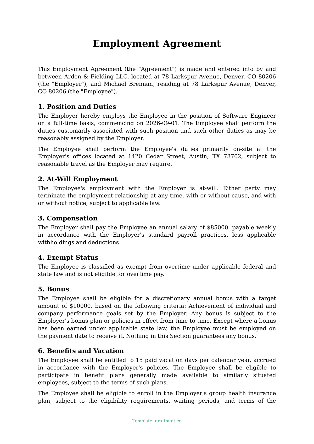 Employment Agreement — filled-in template, sample PDF