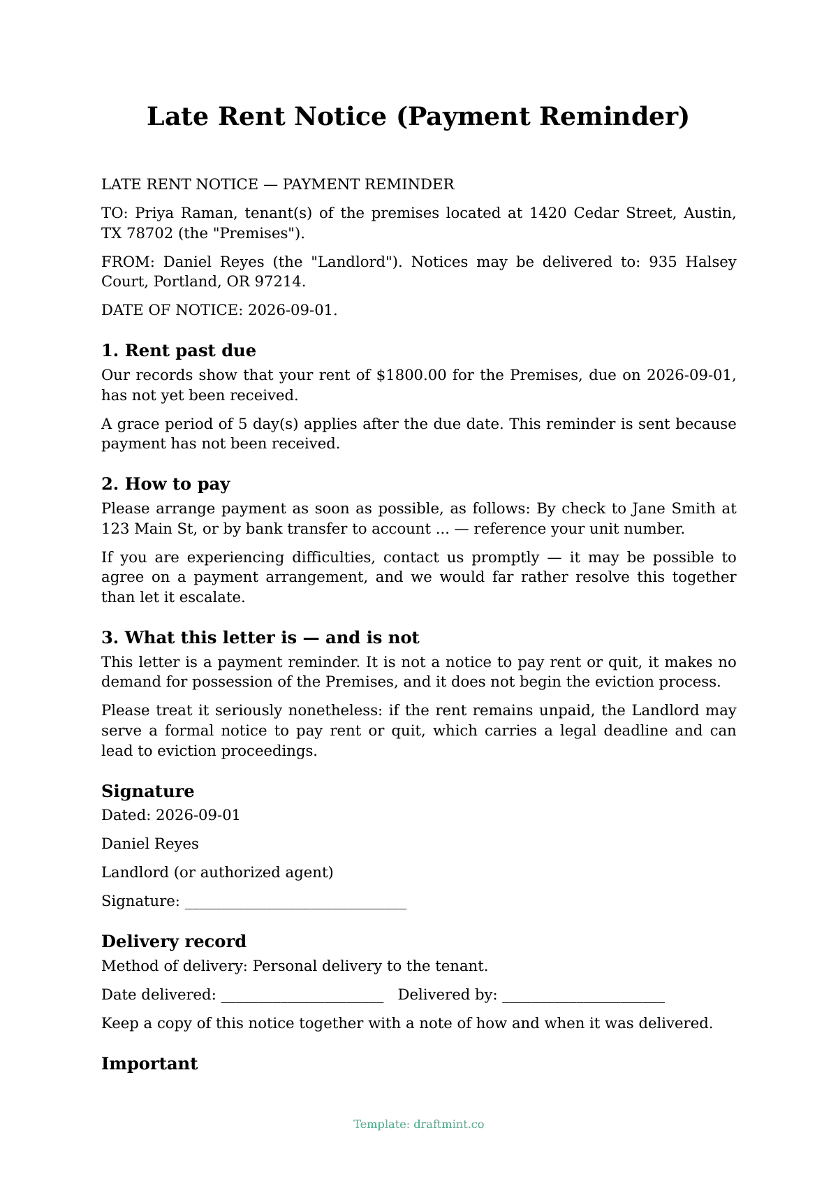 Late Rent Notice (Payment Reminder) — filled-in template, sample PDF