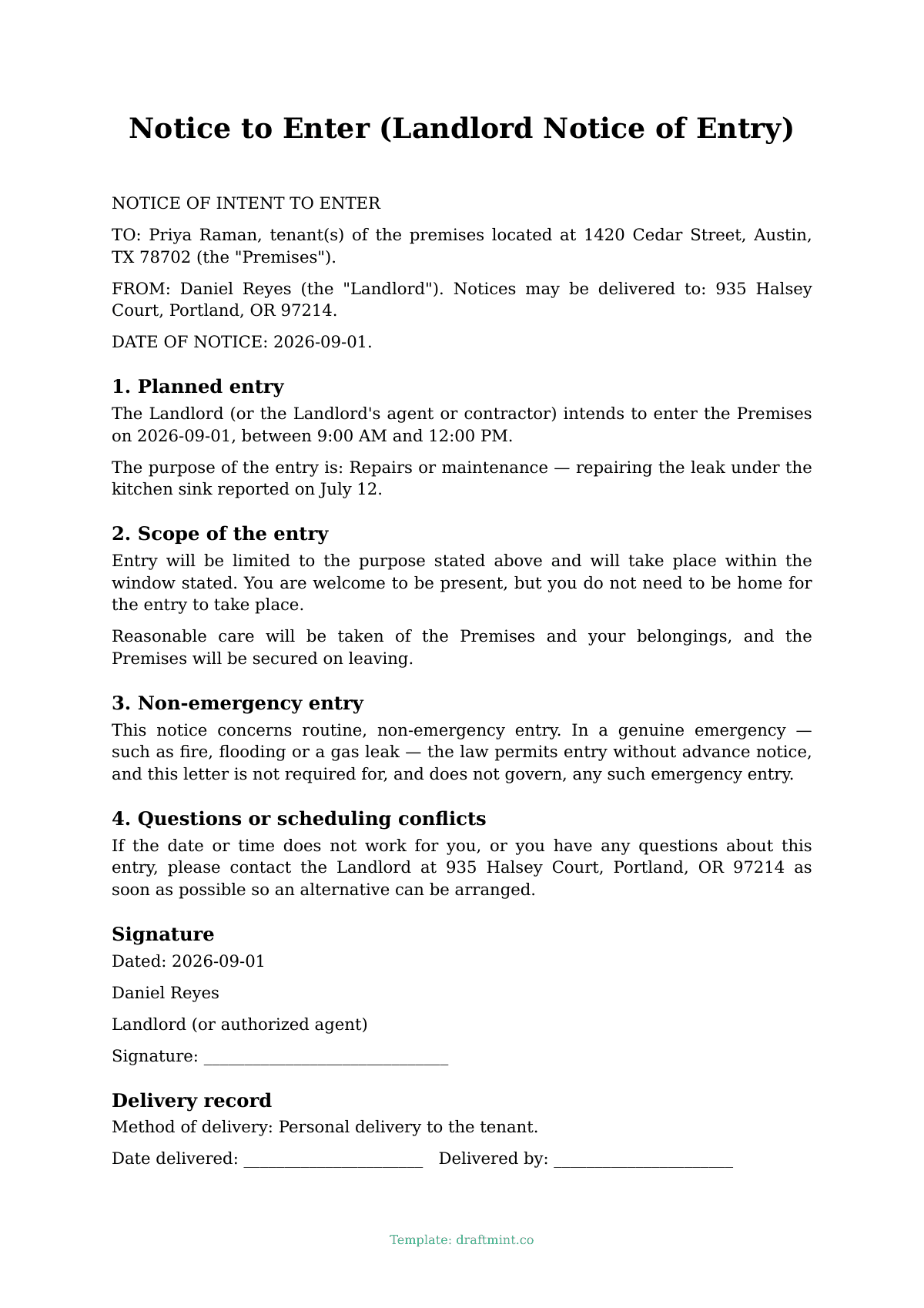 Notice to Enter (Landlord Notice of Entry) — filled-in template, sample PDF