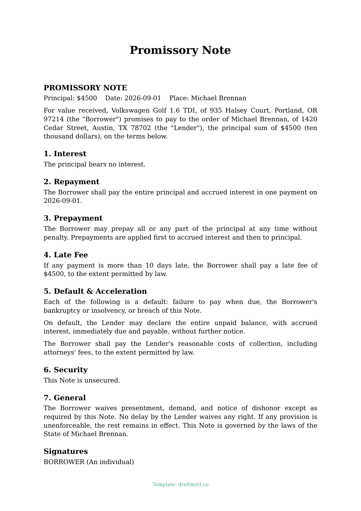 Promissory Note — filled-in template, sample PDF