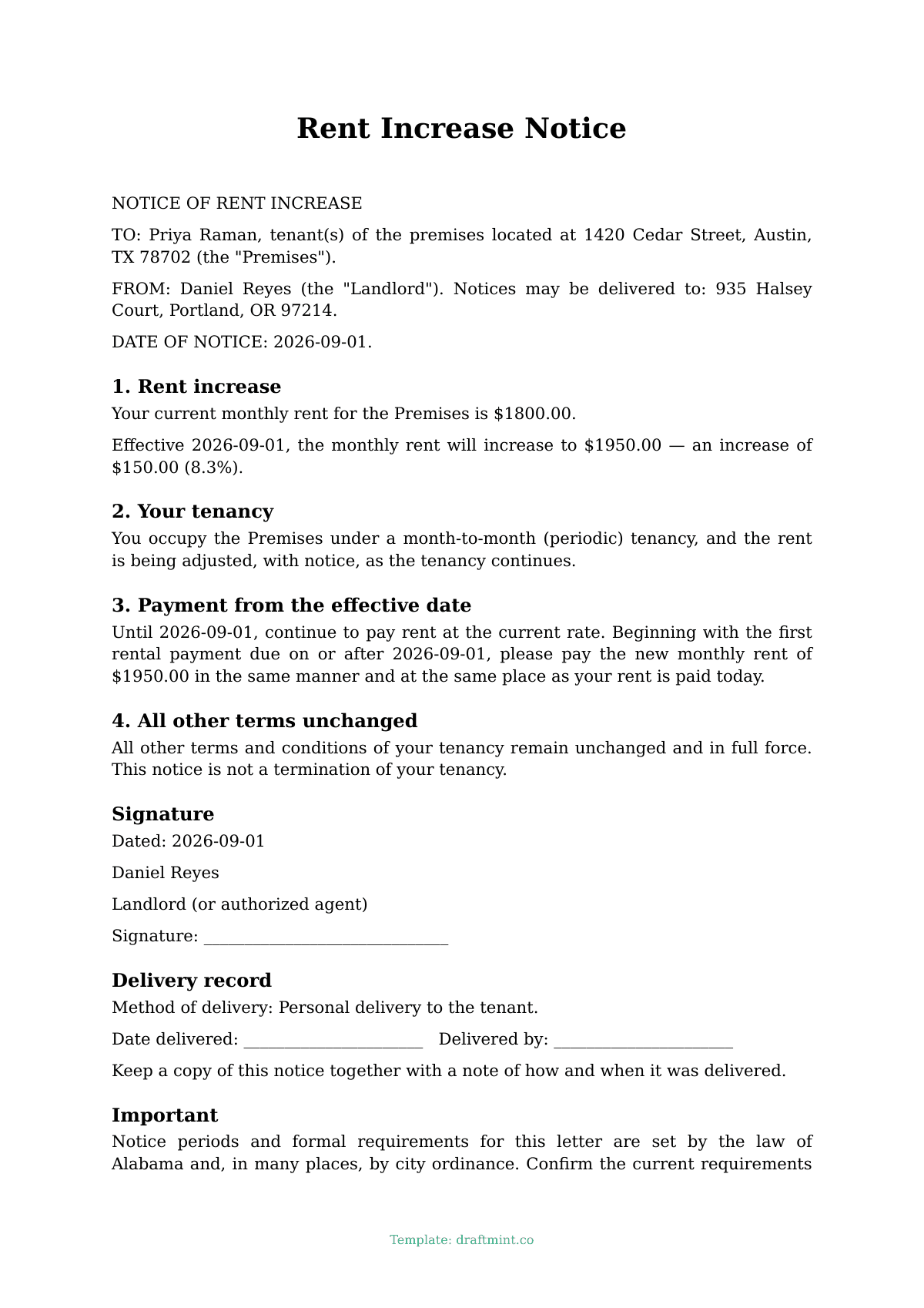Rent Increase Notice — filled-in template, sample PDF