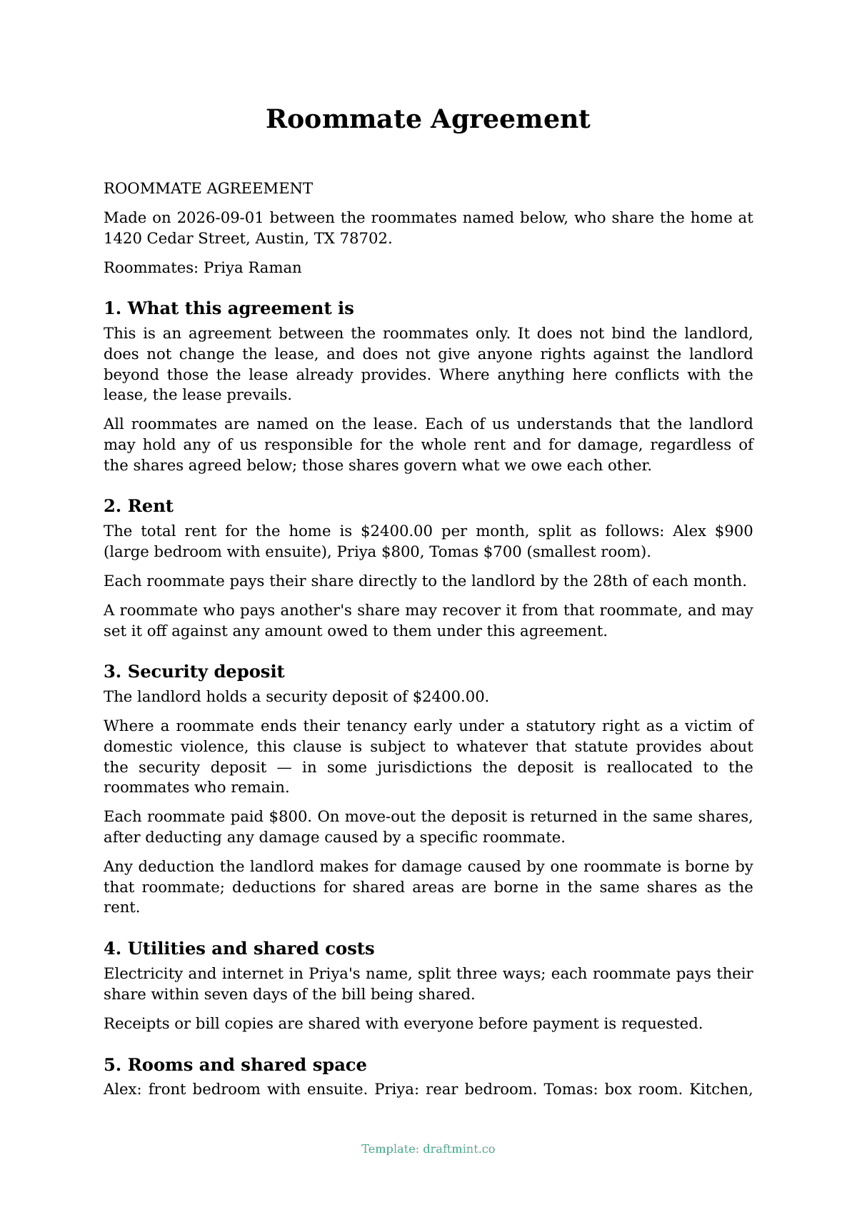 Roommate Agreement — filled-in template, sample PDF