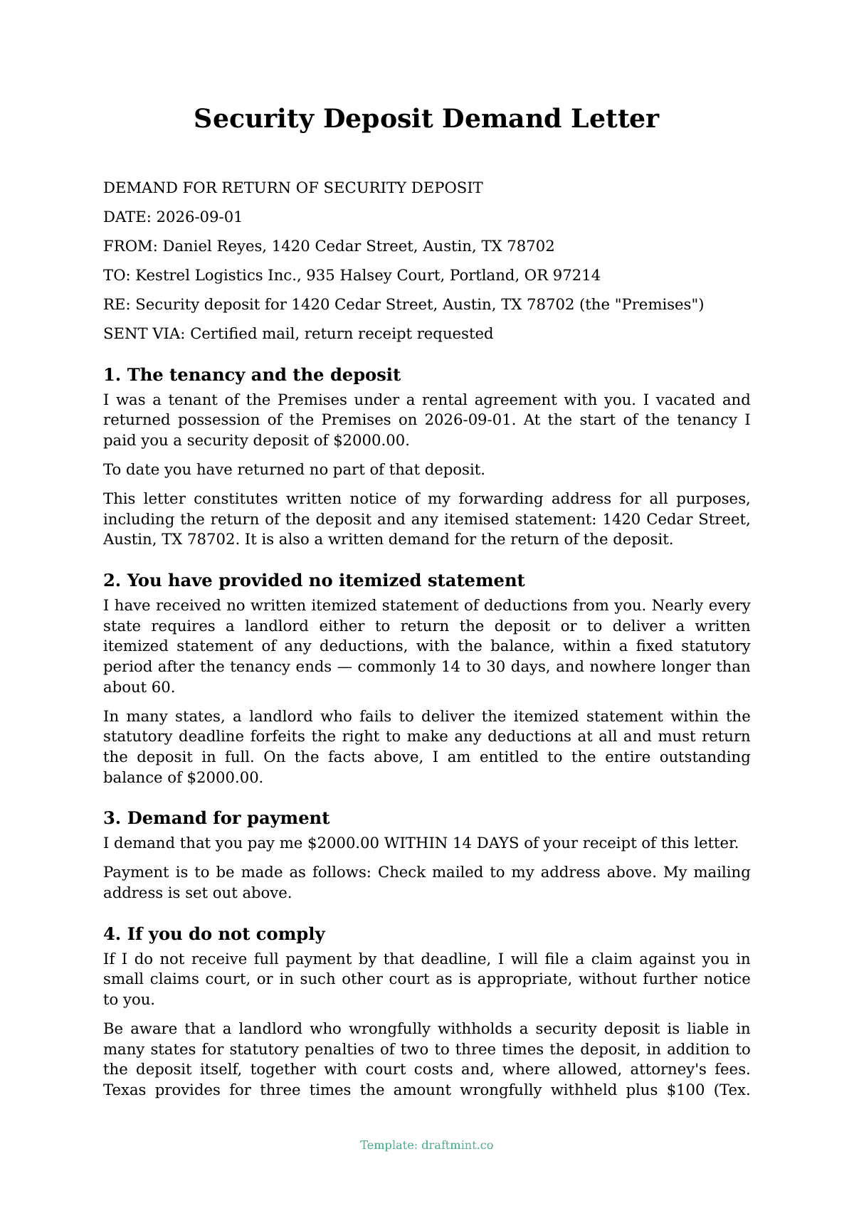 Security Deposit Demand Letter — filled-in template, sample PDF