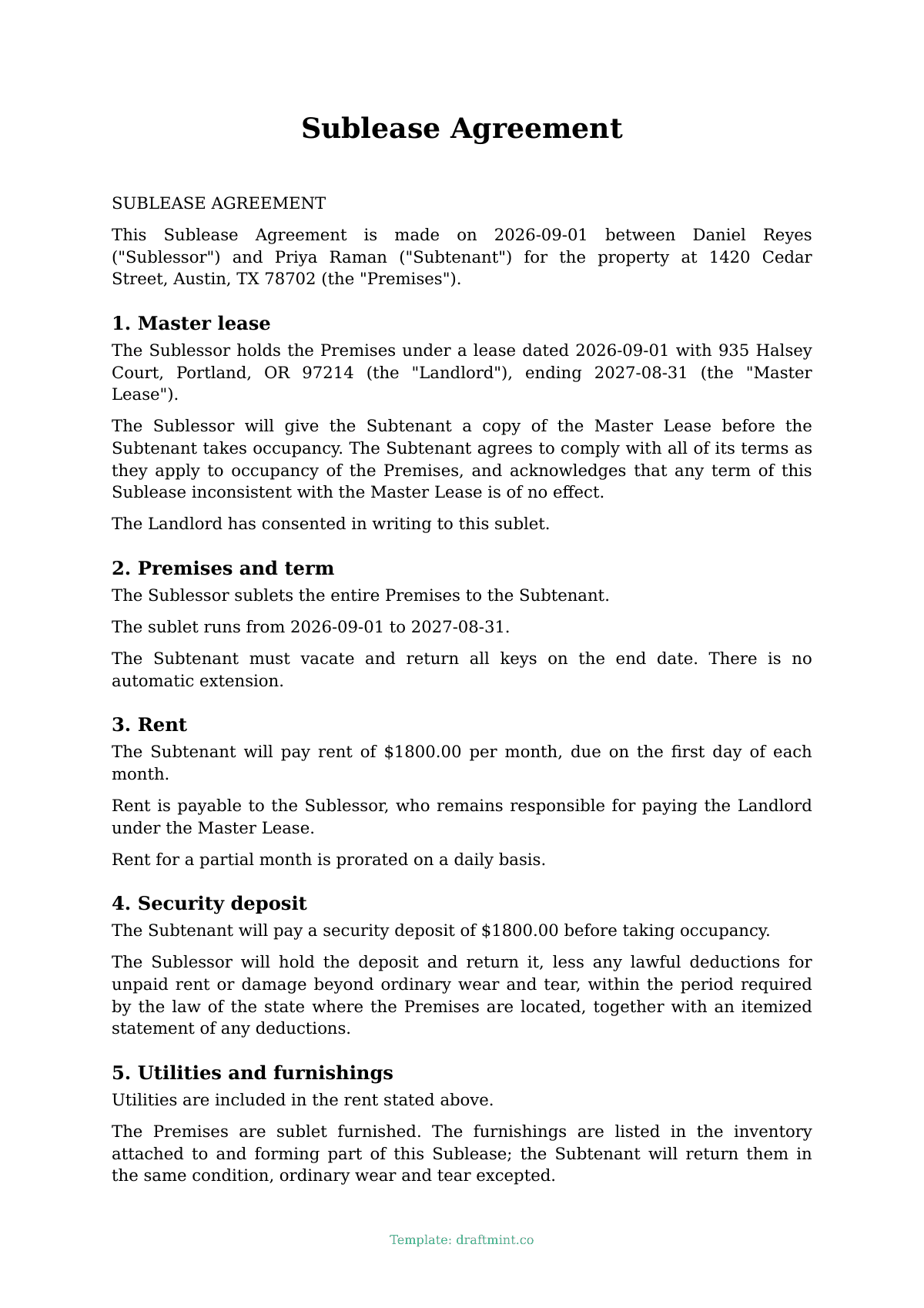 Sublease Agreement — filled-in template, sample PDF